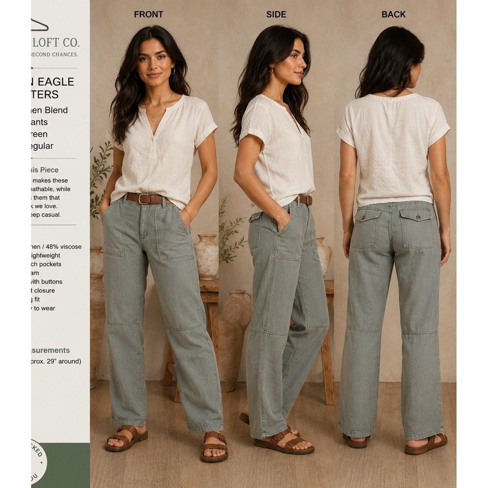 American Eagle Womens 6 Linen Blend Utility Pants Sage Green Relaxed Straight - Picture 1 of 11